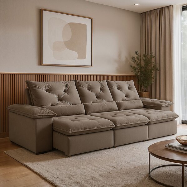 Sofá Retrátil E Reclinável 4 Lugares 2,70m Suede Bege Londres