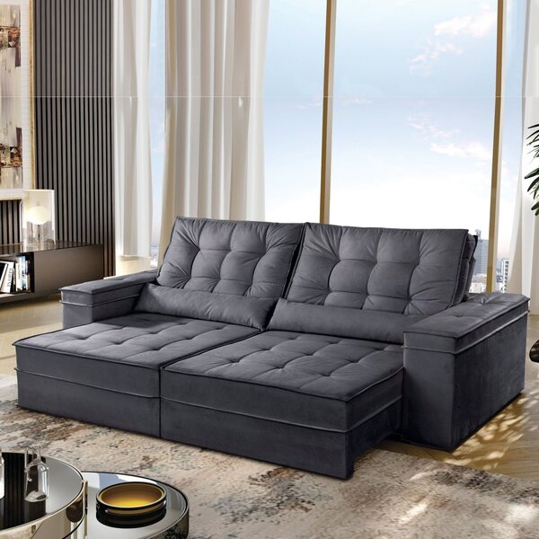 Sofá Retrátil E Reclinável 5 Lugares 290cm Tato  Veludo Grafi