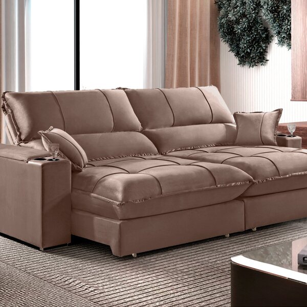 Sofá Retrátil E Reclinável Gael 250 Cm Veludo Com Porta Copos