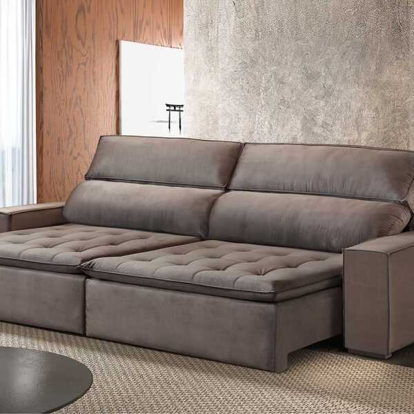 Sofá Retrátil Molas Ensacadas 5 Lugares Madri  Veludo Tabaco