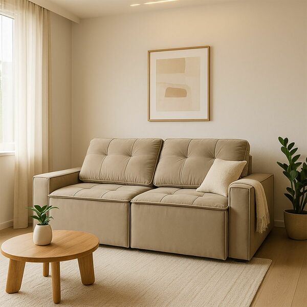 Sofá Retrátil Reclinável 2 Lugares Paris Para Sala Veludo Bege