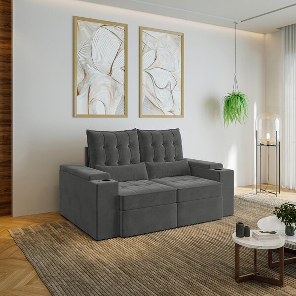 Sofá Retrátil Reclinável 3 Lugares 180cm Porta Copos E Usb Em