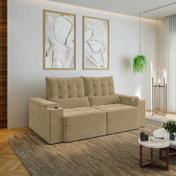 Sofá Retrátil Reclinável 3 Lugares 210cm Porta Copos E Usb Em