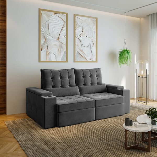 Sofá Retrátil Reclinável 3 Lugares 210cm Porta Copos E Usb Em