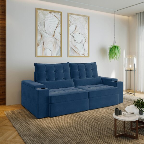 Sofá Retrátil Reclinável 3 Lugares 230cm Porta Copos E Usb Em