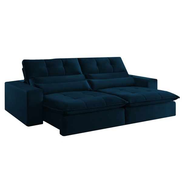 Sofá Retrátil Reclinável 3 Lugares Veludo Azul 2m Koz