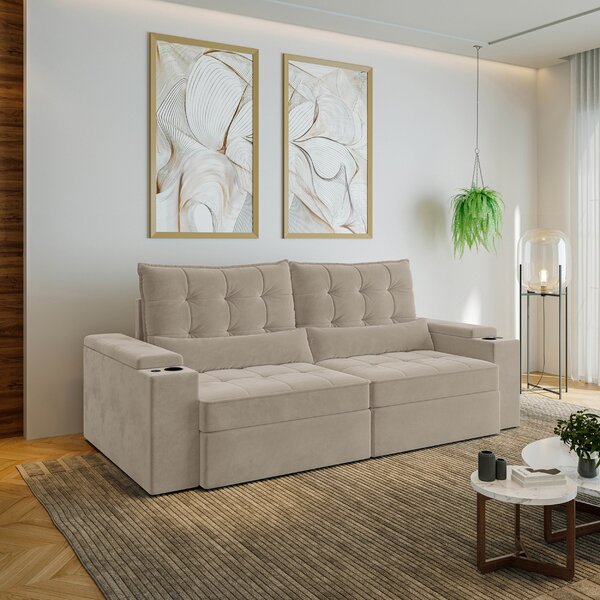 Sofá Retrátil Reclinável 4 Lugares 240cm Porta Copos E Usb Em