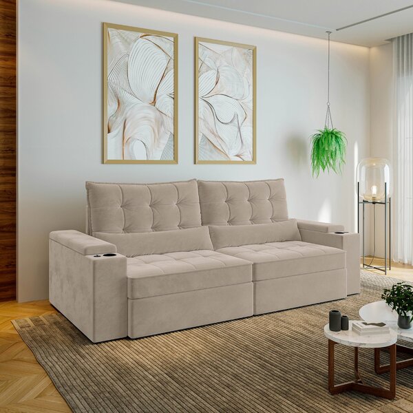 Sofá Retrátil Reclinável 4 Lugares 250cm Porta Copos E Usb Em