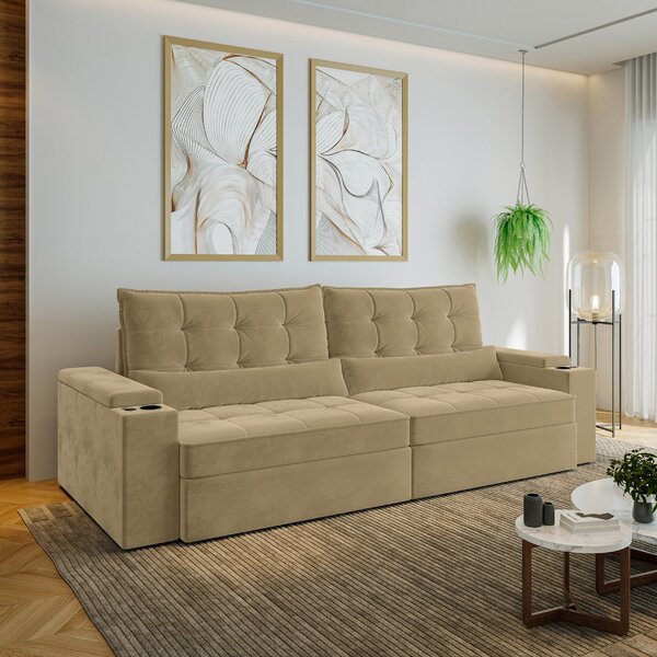 Sofá Retrátil Reclinável 4 Lugares 280cm Porta Copos E Usb Em