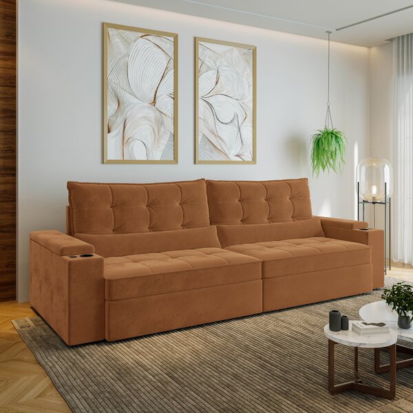 Sofá Retrátil Reclinável 4 Lugares 300cm Porta Copos E Usb Em