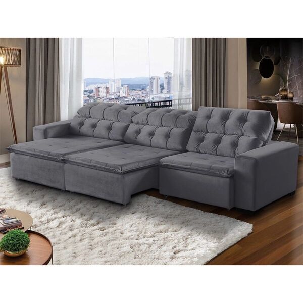 Sofá Retrátil Reclinável 7lugares 350cm Veludo Cinza Megasul