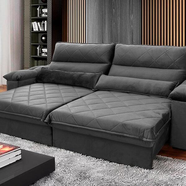Sofá Retrátil/reclinável Grécia 2,10m Suede Velut Cinza C/ Mo