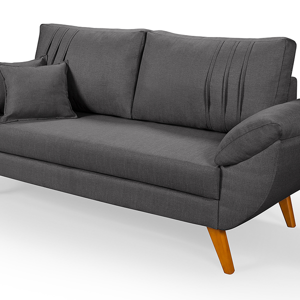Sofa Retro 3 Lugares Linho Almofadas Soltas Pes Em Madeira  G