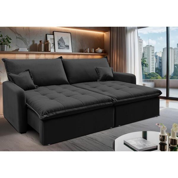 Sofá Sem Caixa Retrátil 2,00m Softgel Luna Velusoft Preto Cam