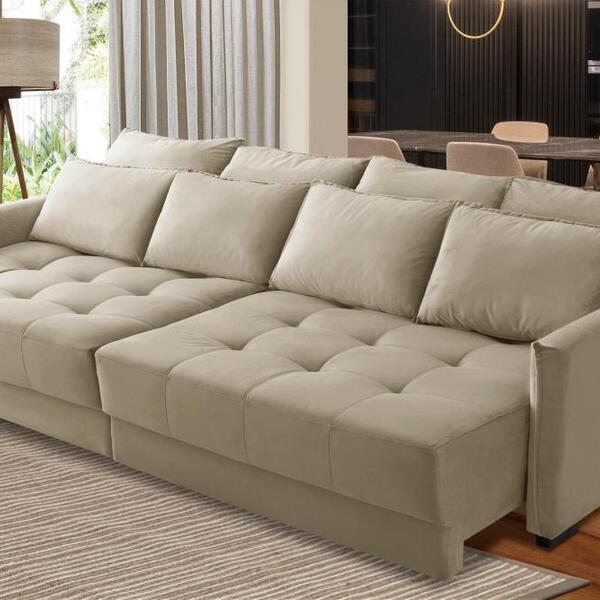 Sofá Sem Caixa Retrátil Reclinável 2,10m Cairo Veludo Bege Mi