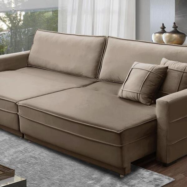 Sofá Sem Caixa Retrátil Reclinável 2,10m Cancún Veludo Cappuc