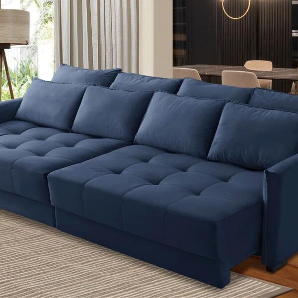Sofá Sem Caixa Retrátil Reclinável 2,30m Cairo Veludo Azul Mi