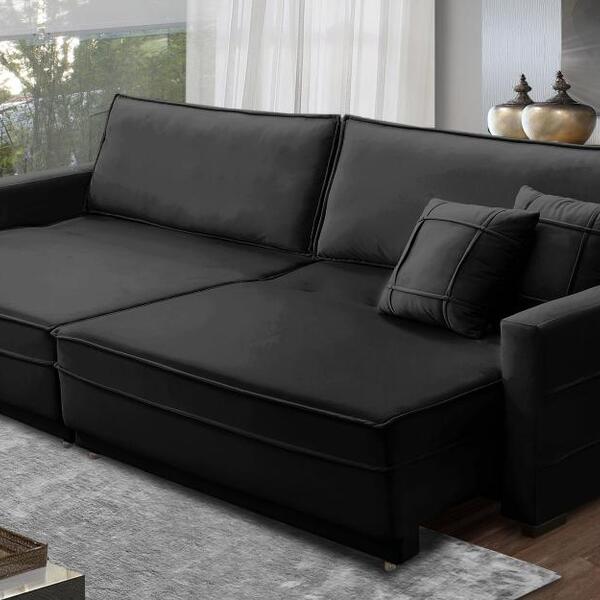 Sofá Sem Caixa Retrátil Reclinável 2,50m Cancún Veludo Preto