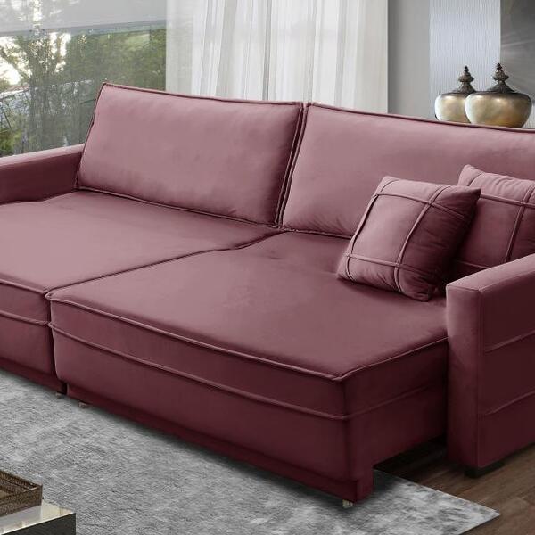 Sofá Sem Caixa Retrátil Reclinável 2,50m Cancún Veludo Rosê M