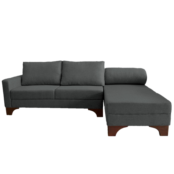 Sofá Suécia Com Chaise Direita Base Em Madeira Linho Grafite