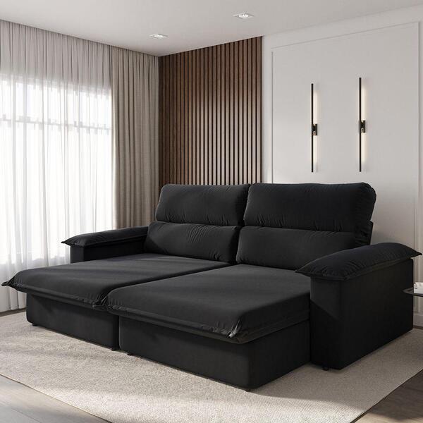 Sofá Tier Retrátil 3 Lugares Suede Preto 215cm Preto