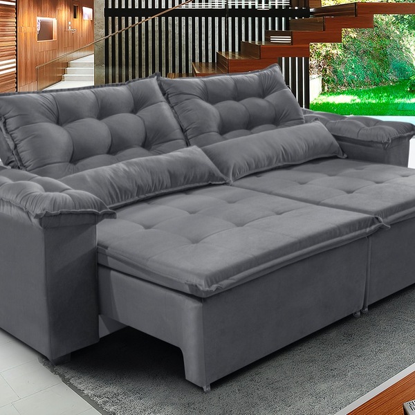 Sofá Top Veneza 200cm Retrátil Com Molas Cinza - Ws