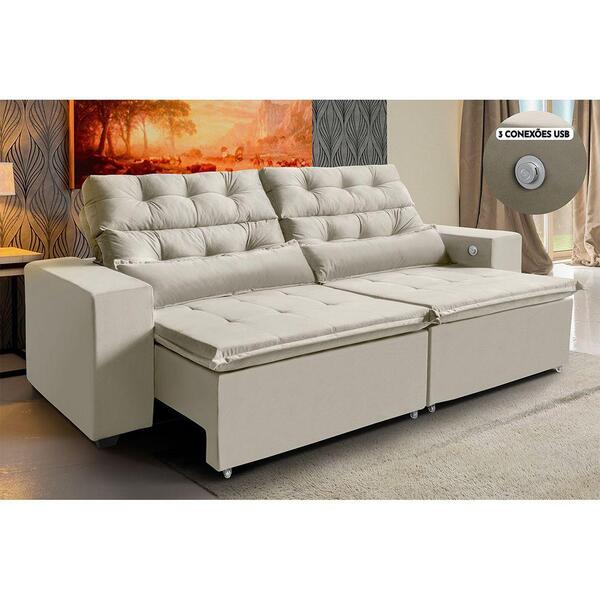 Sofá Usb, 3 Lugares Retrátil Reclinável 2,12m 3 Portas Bege