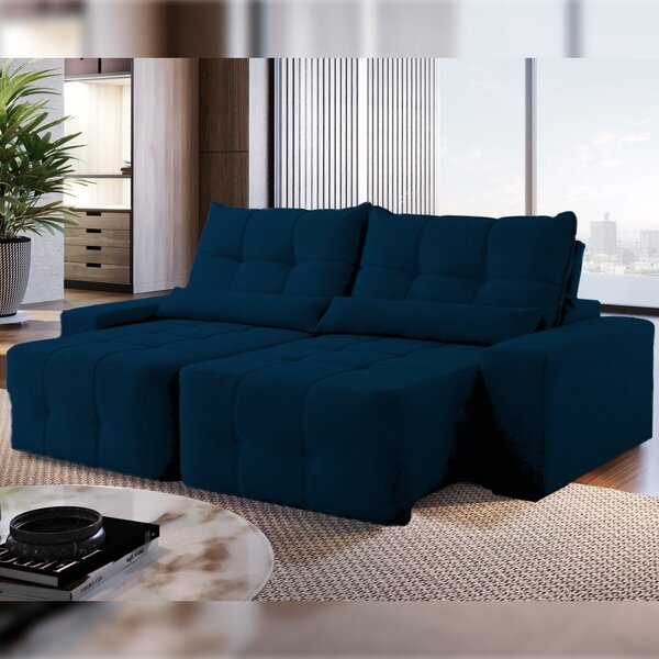 Sofá Veludo 4 Lugares Retrátil E Reclinável 250cm Bauhaus Azul