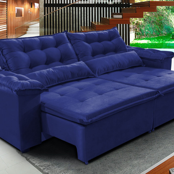 Sofá Veneza 220cm Retrátil Com Molas Azul- Ws