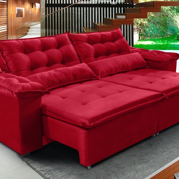 Sofá Veneza 290cm Retrátil Com Molas Vermelho- Ws
