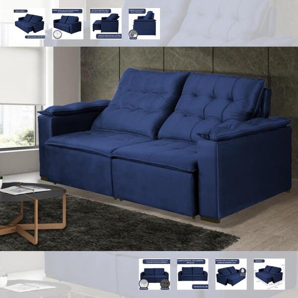 Sofá Verve Retrátil E Reclinável 2,20 M Veludo Azul Aliber