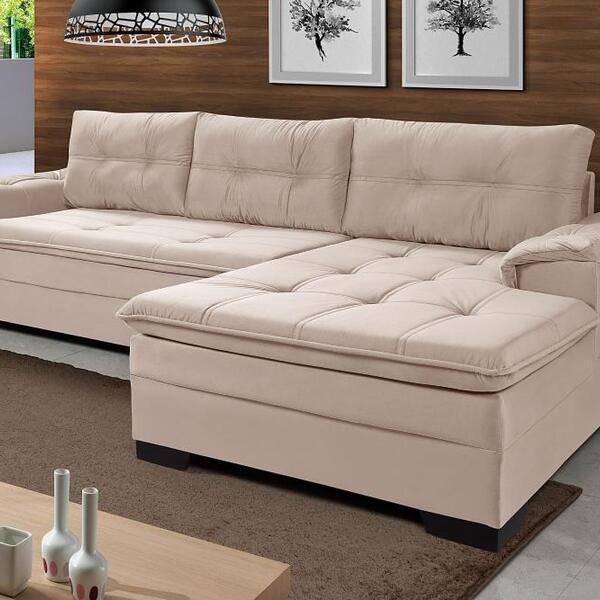 Sofá Viena Chaise Suede Fixo Pés Madeira Living Império Areia