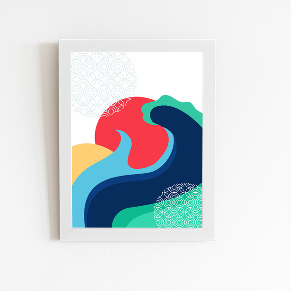 Sol E Ondas Abstrato Arte Quadro Moldura Branca 60x40cm