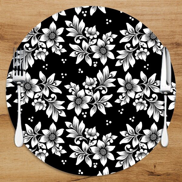 Sousplat Em Mdf Com Estampa Fundo Preto Com Flores Brancas