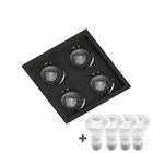 Spot Quadruplo Embutir Quadrado Recuado Par20 Preto + Led 4,8