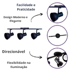 Spot Trilho Triplo 3 Lâmpadas Sobrepor Direcionável Noir Preto