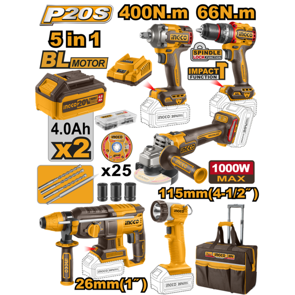 Super Combo 5 Em 1 Ingco 20v Furadeira, Martelete, Lanterna,