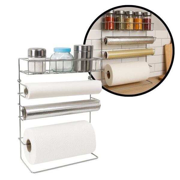 Suporte 4 Em 1 Porta Papel Toalha, Alumínio, Film E Porta Tem