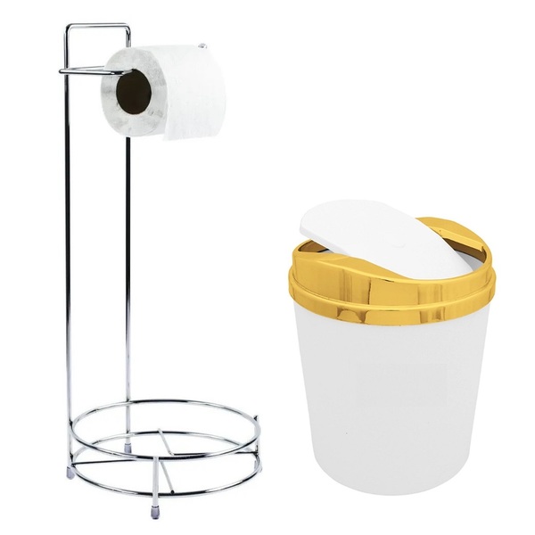 Suporte Com Lixeira 5l Tampa Dourada Ø20cm Casa Banheiro Bran