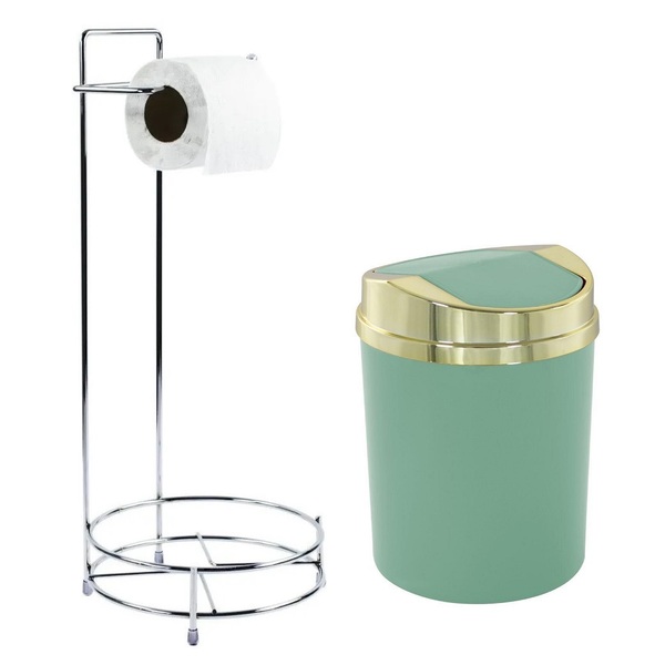 Suporte Com Lixeira 5l Tampa Dourada Ø20cm Casa Banheiro Verde