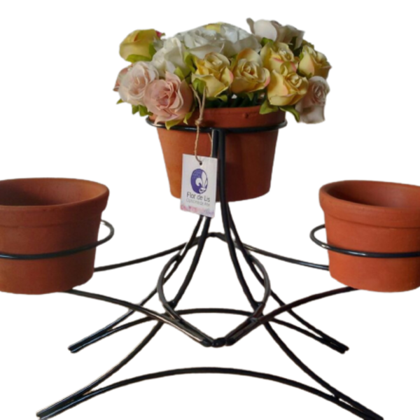 Suporte Ferro De Mesa Para 3 Vasos - Grande - Preto