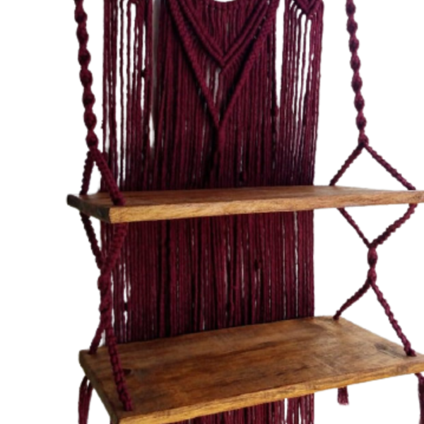 Suporte Prateleira Dupla Madeira Pinus Macramê Roxa