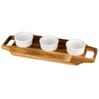 Tábua Em Madeira Teca Com 3 Petisqueiras Em Porcelana 36x15x5