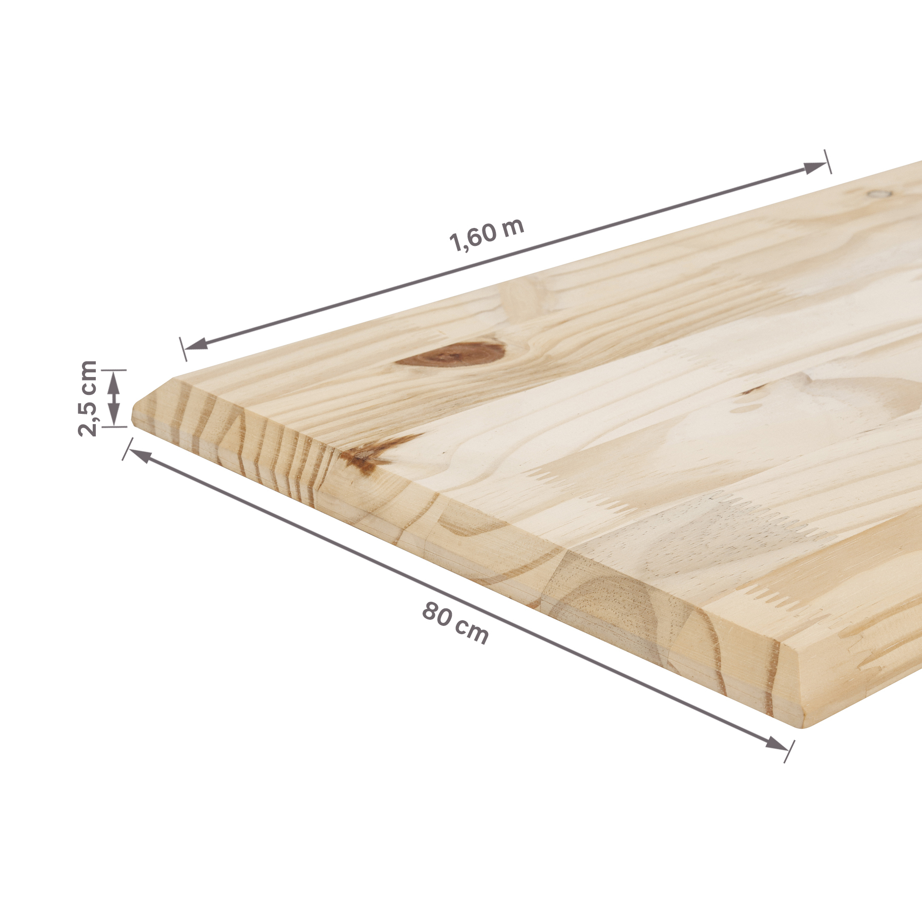 Tampo de Madeira Pinus Retangular Chanfrado 25mm Natural 160x80cm