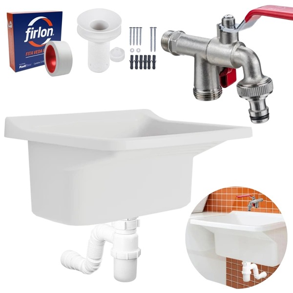 Tanque De Plástico 22l Branco + Torneira Duas Saídas + Sifão