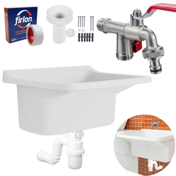 Tanque De Plástico 34l Branco + Torneira Com Duas Saídas + Si