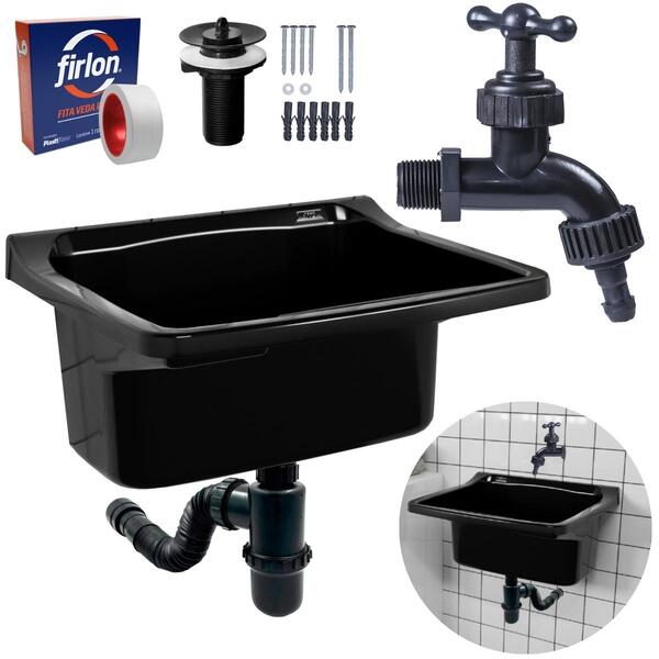 Tanque De Plástico 34l Para Lavanderia Preto + Sifão Copo Uni