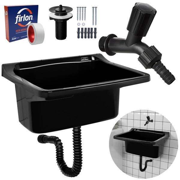 Tanque De Plástico 34l Para Lavanderia Preto + Sifão Universa