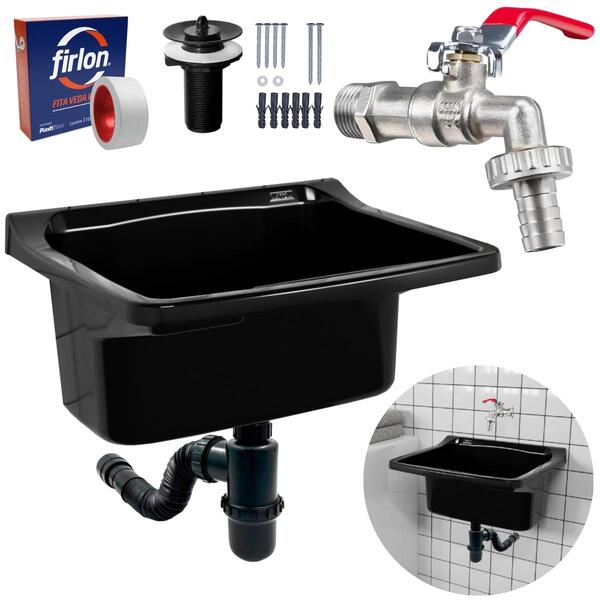 Tanque De Plástico 40l Para Lavanderia Preto + Sifão Copo Uni