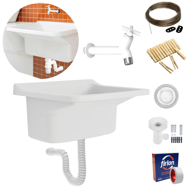 Tanque Lavanderia  22l Branco + Sifão Sanfonado + Veda Rosca